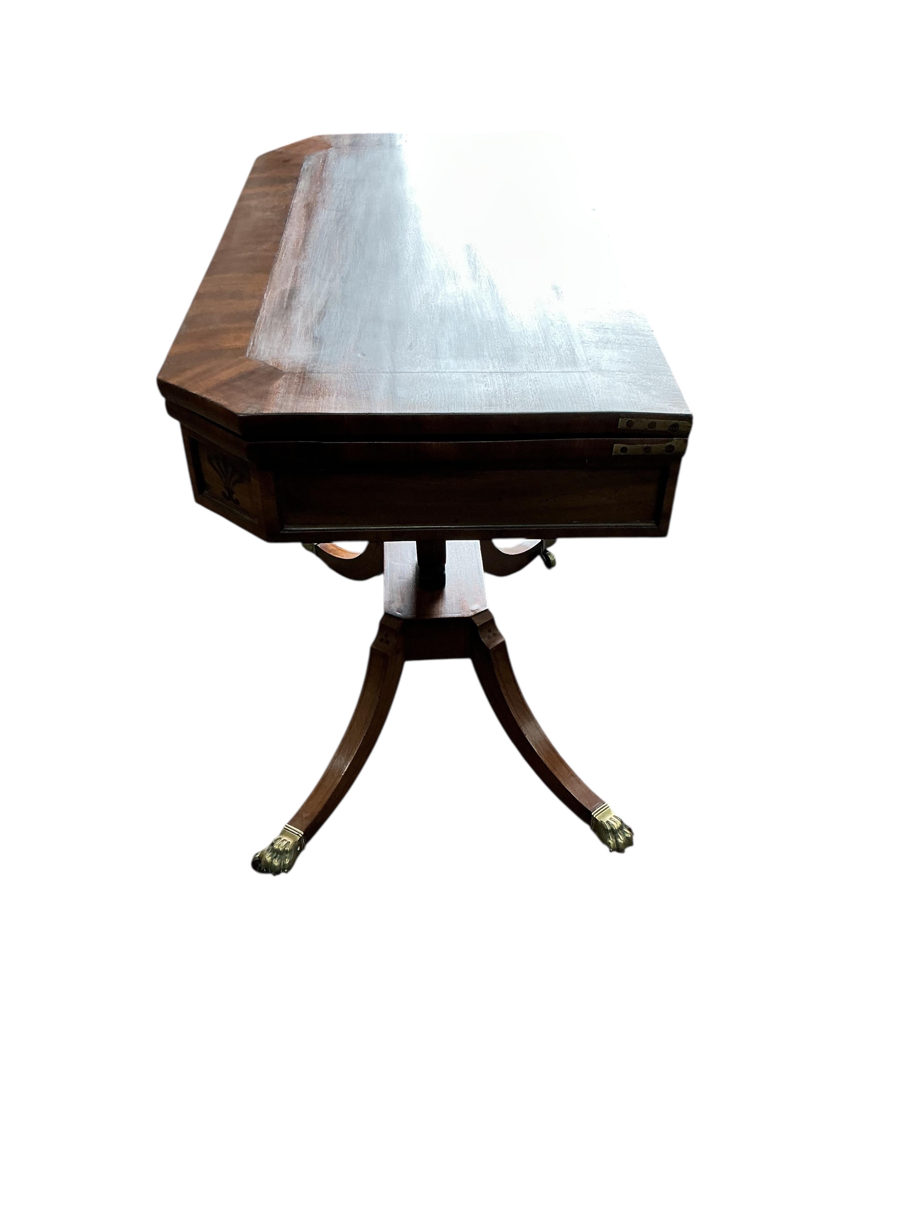 A Regency inlaid mahogany folding card table, width 92cm, depth 46cm, height 73cm